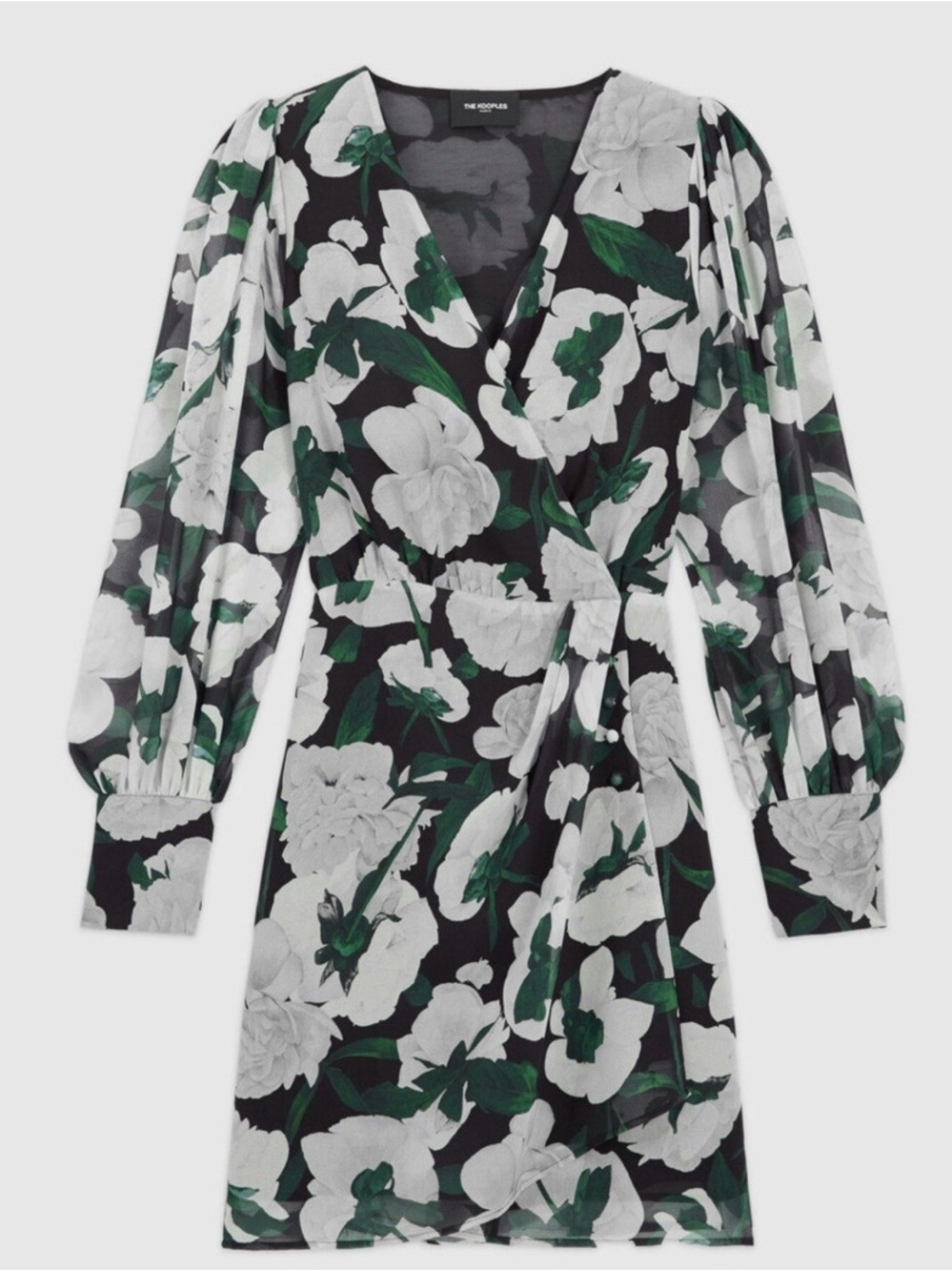 NWT The Kooples Black & White Floral Long Sleeve Wrap Dress with Green Leaves